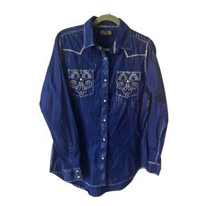 Shyanne Women's Embellished Long Sleeve Blue Button-Down Western Shirt Size Larg